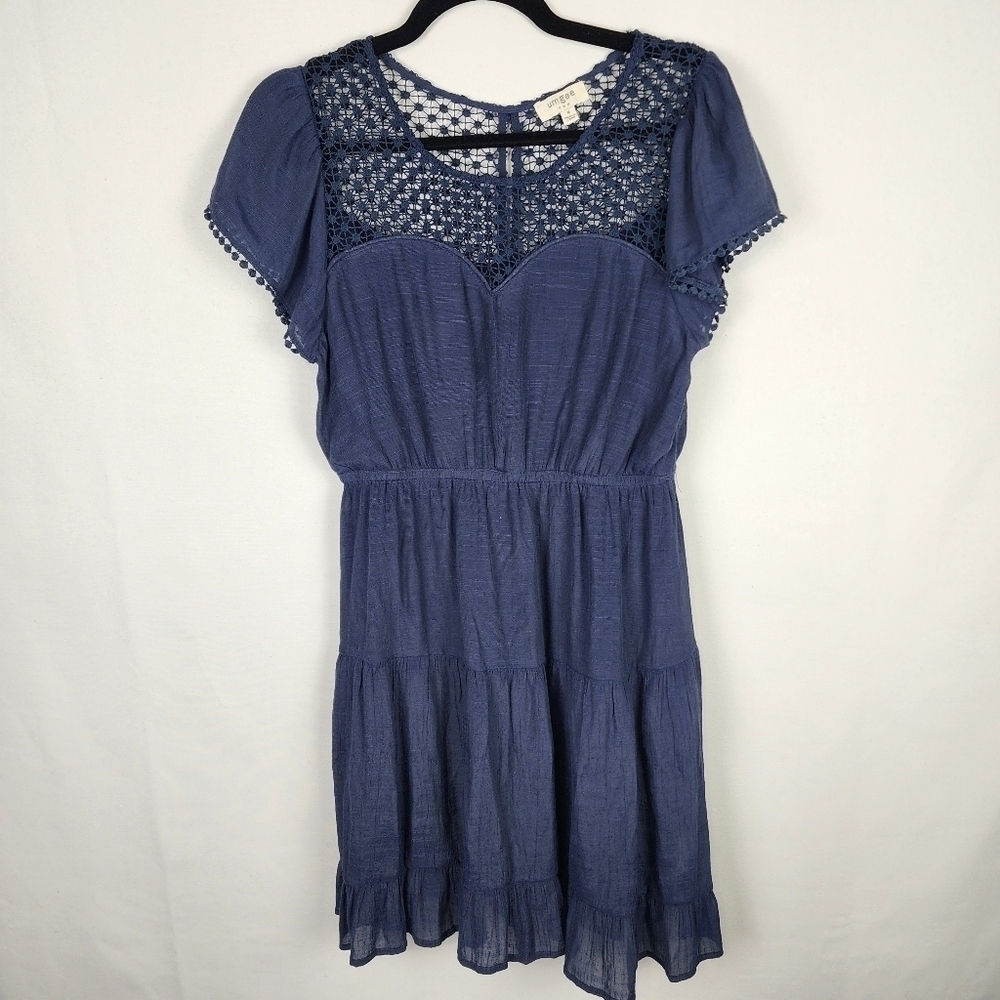 Umgee USA Navy Blue Crochet Lace‎ Tiered Ruffle Boho Dress Womens Medium R0075